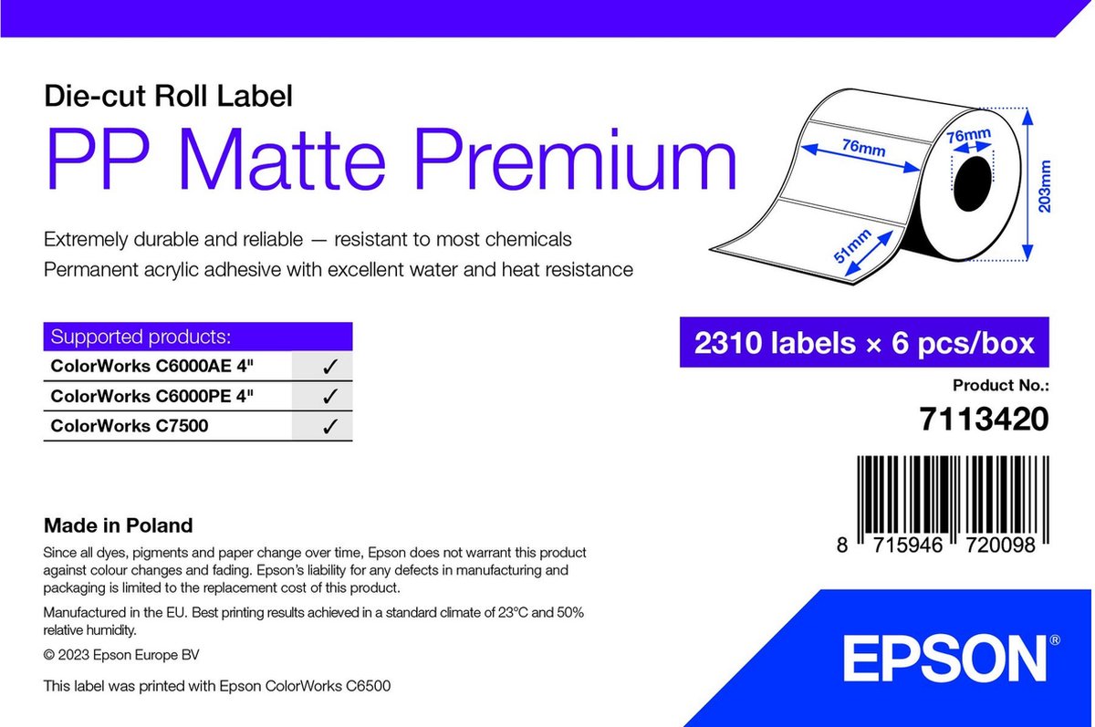 Epson Etiketter Pp Matt Premium 76x51mm 2310st/rulle