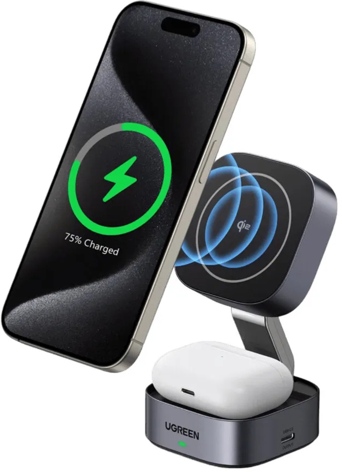 UGREEN 2-i-1 Qi2 magnetisk vikbar laddstation (utan AC-adapter)