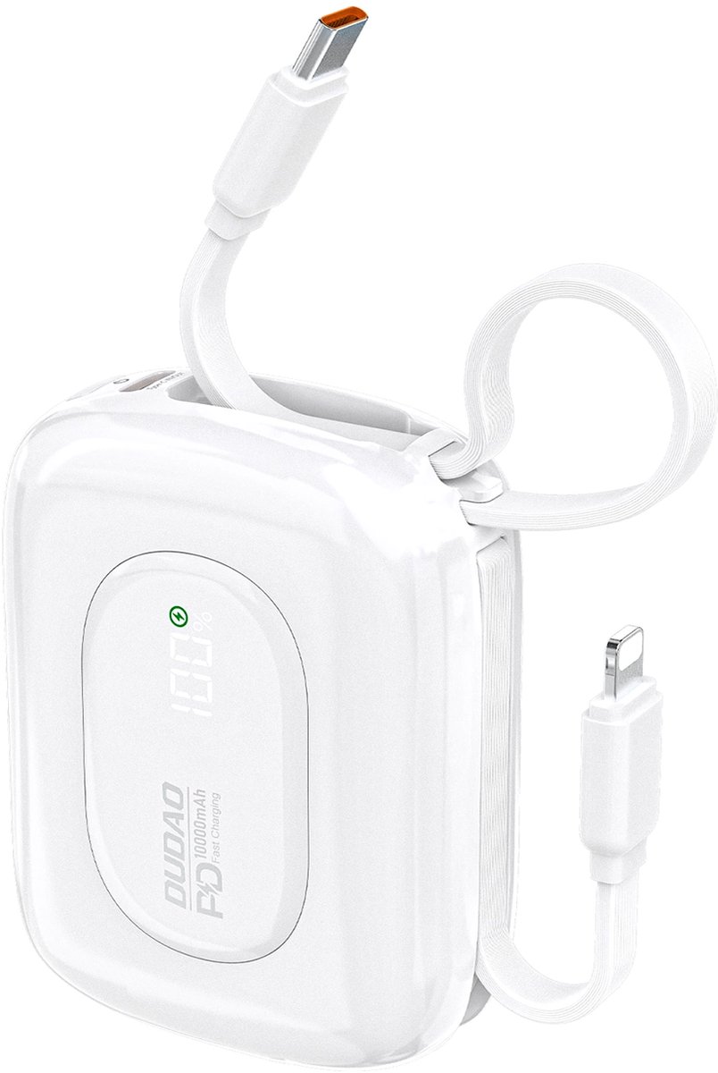 Dudao K32 22.5W 10000 mAh Powerbank with Built-in USB-C/ Lightning Cable - White - 10000 mAh