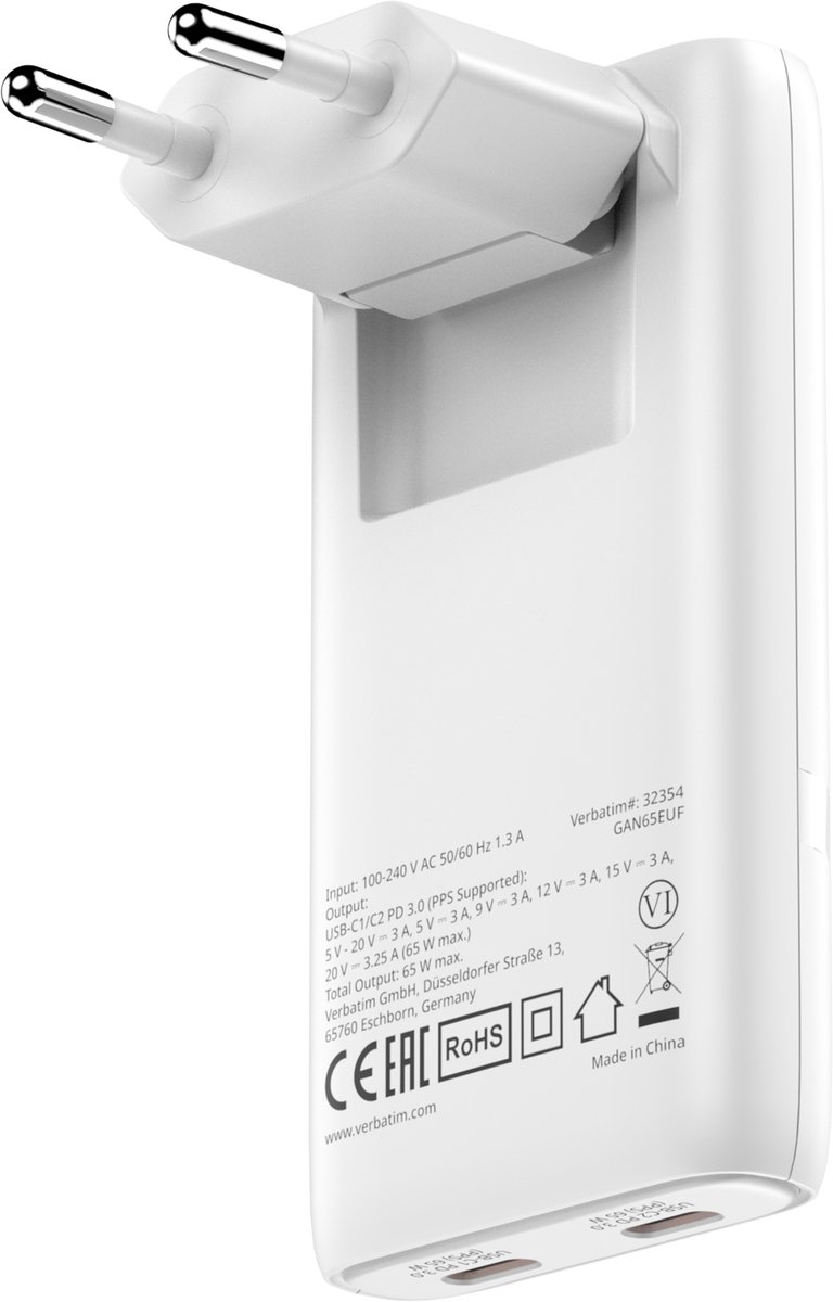 Verbatim Fold 'n' Go GaN Charger 65W EU plug White