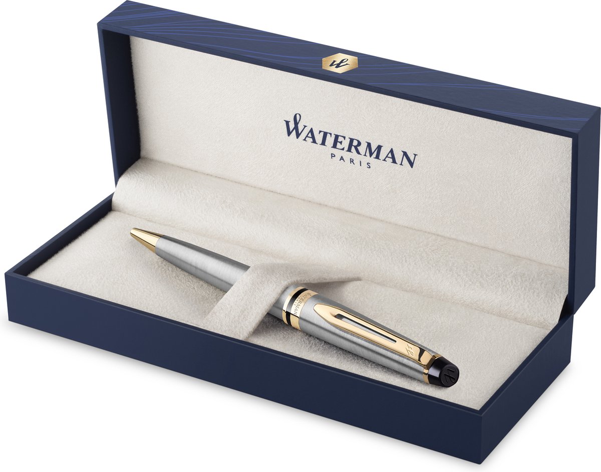 Waterman Expert Kulspetspenna | Rostfritt stål med 23k guldkant | Medelhög spets | Blått bläck | Presentförpackning