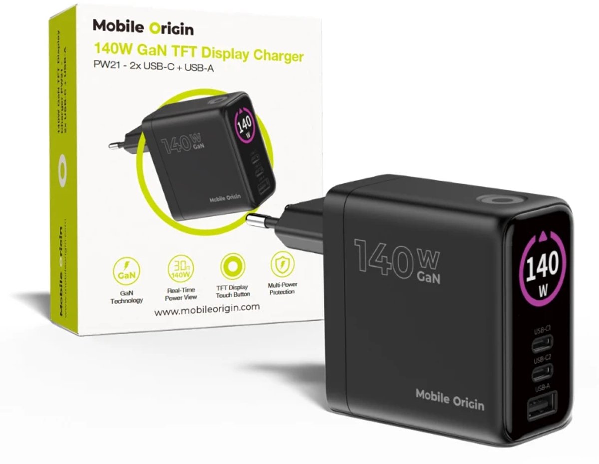 Mobile Origin 140W GaN Display Charger PW21 - 2x USB-C + USB-A