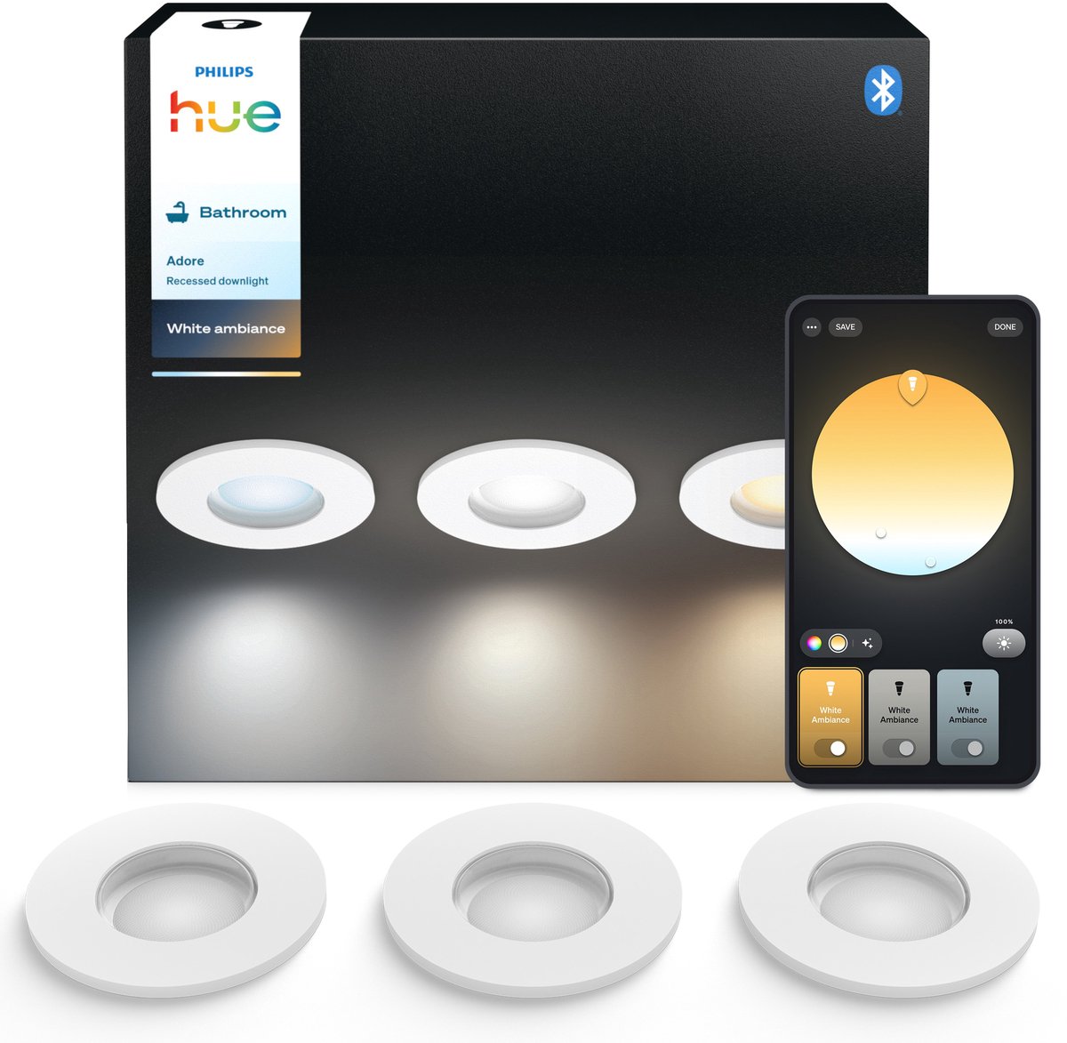 Philips Hue Adore infälld downlight för badrum 3-pack