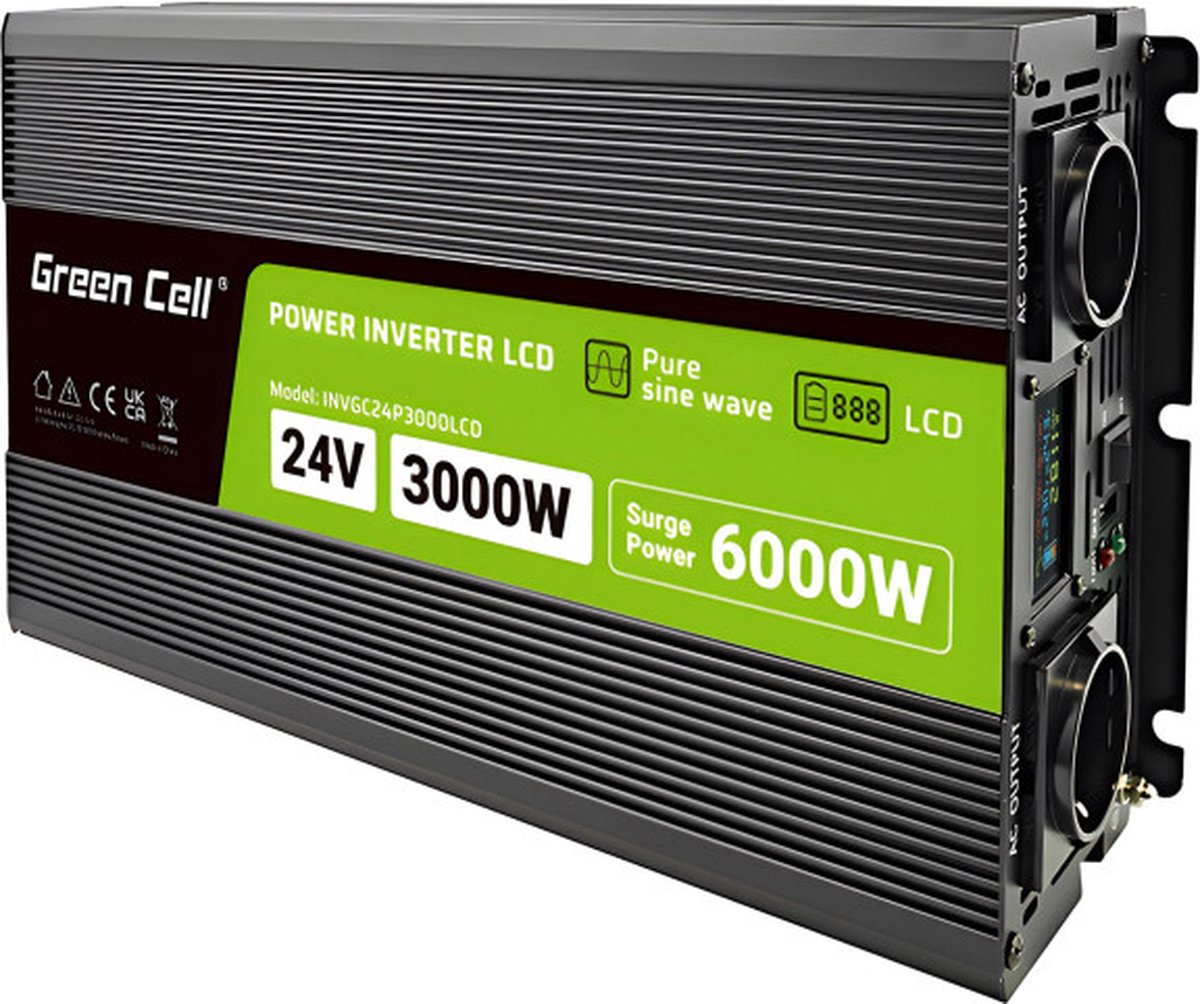 Green Cell PowerInverter LCD 24V - 24V to 230V | 3000W/6000W | Pure Sine Wave | LCD Display Strömförsörjning - 3000 Watt - 80 Plus