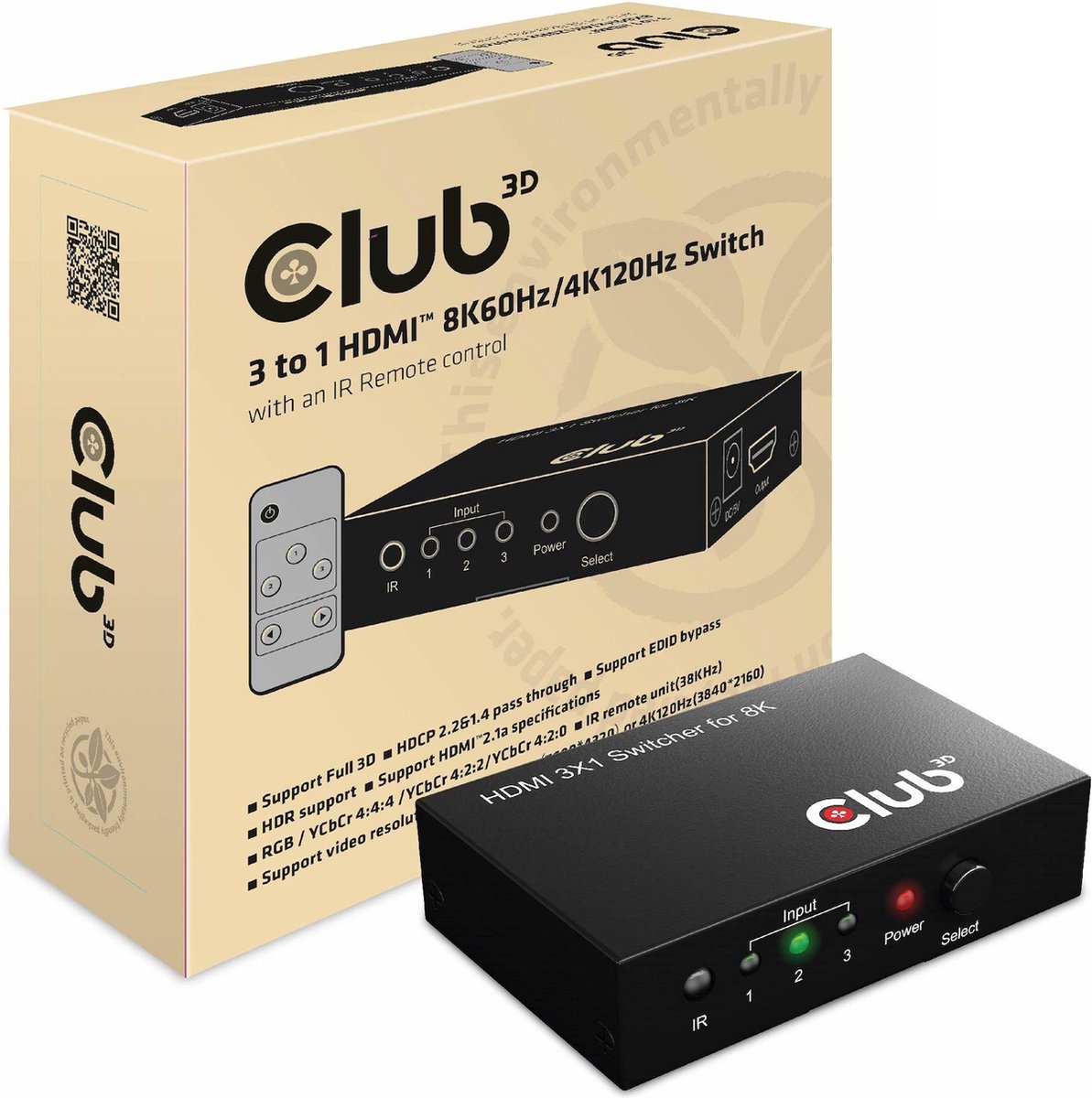 Club 3D CSV-1381 - video/audio switch - 3-to-1 8K 60 Hz/4K 120 Hz - 4 ports