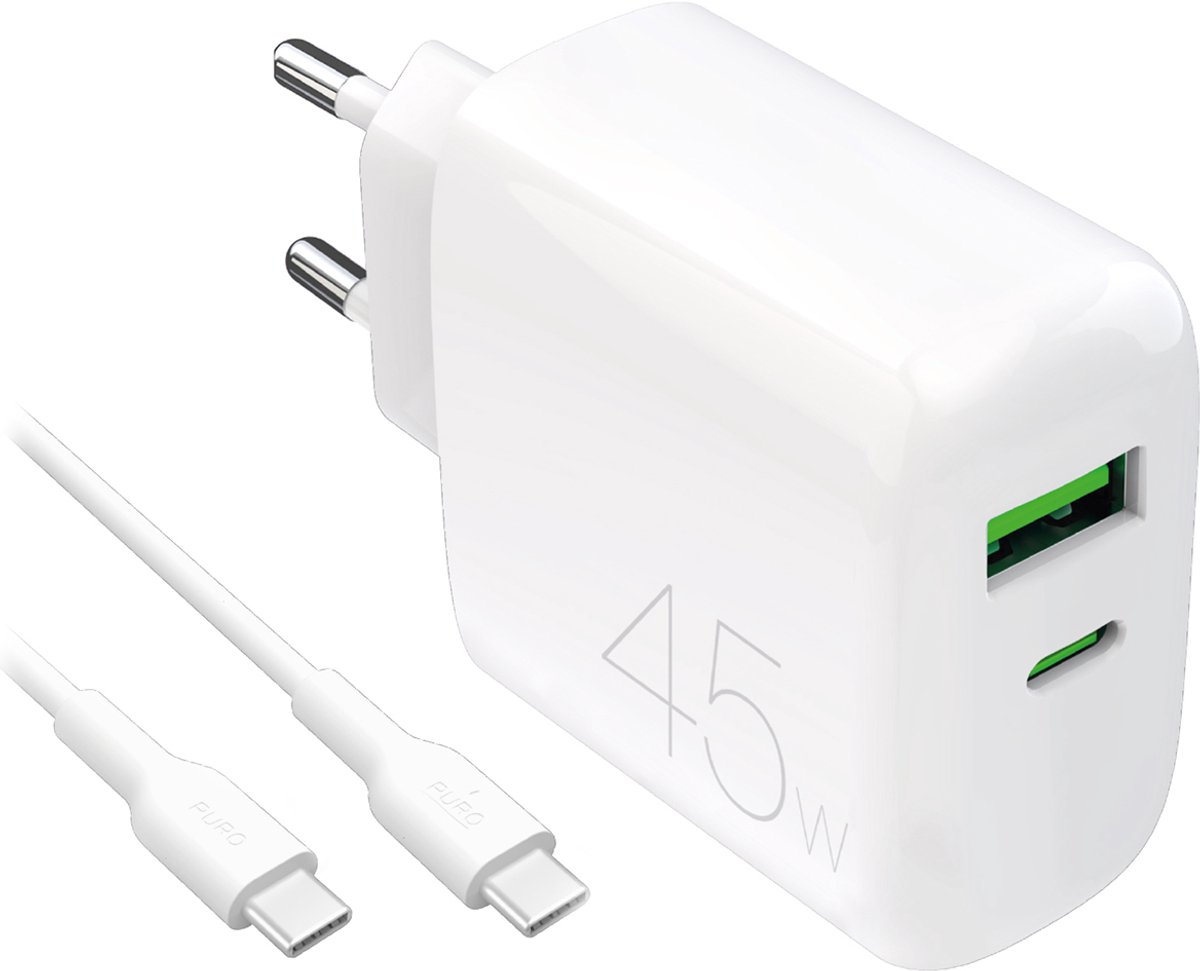 Puro Daily Prolite 45W USB-C USB-A Power Delivery Charger with USB-C Cable - White