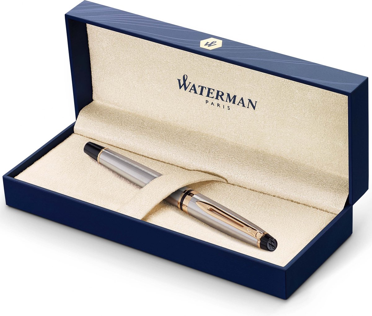 Waterman Expert Rollerball Penna | Rostfritt stål med 23k guldkant | Fin punkt | Svart bläck | Presentförpackning