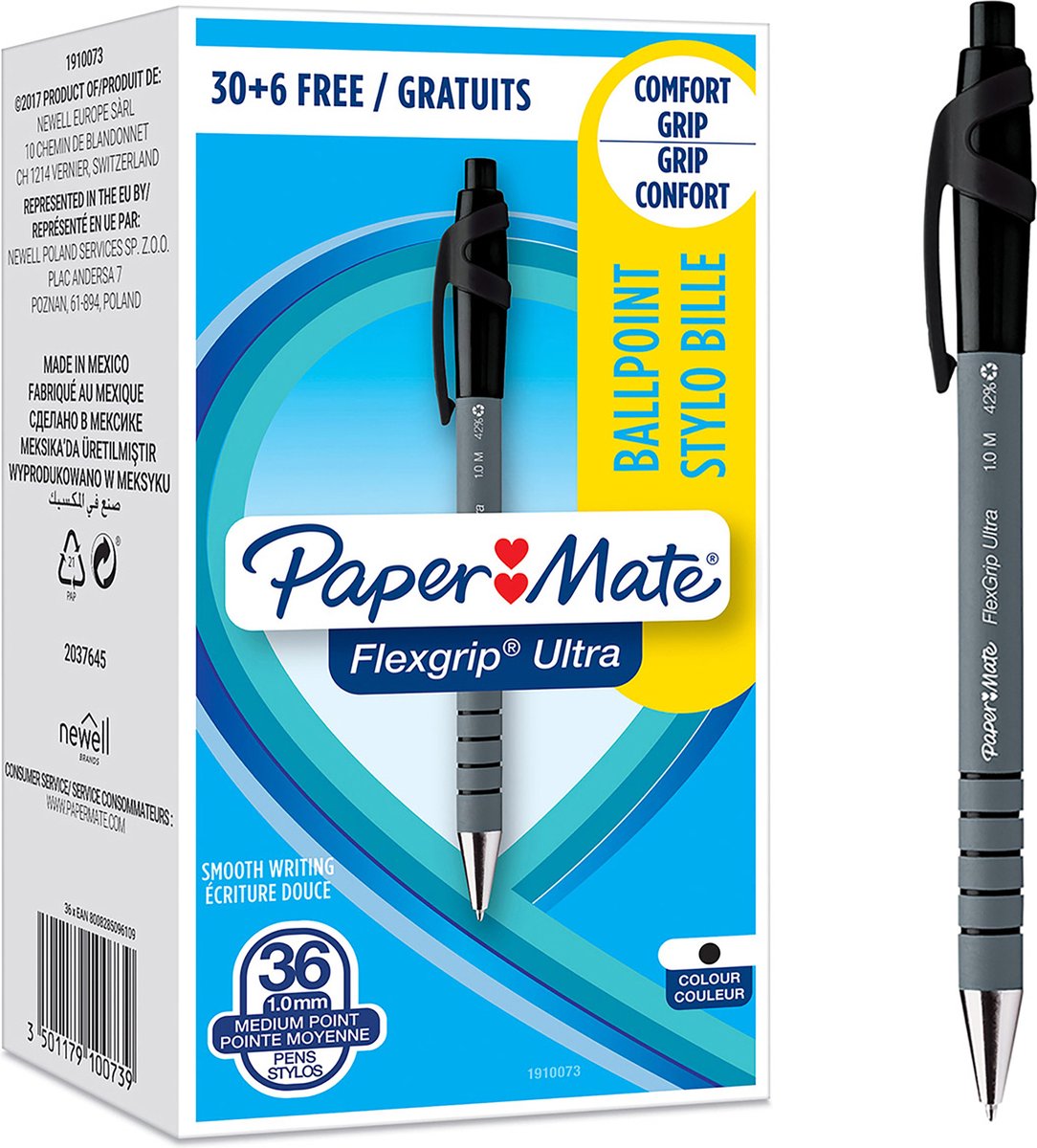 Paper Mate Flexgrip Ultra Kulspetspennor med tryckknapp | Mediumspets (1,0 mm) | Svart | 36 stycken
