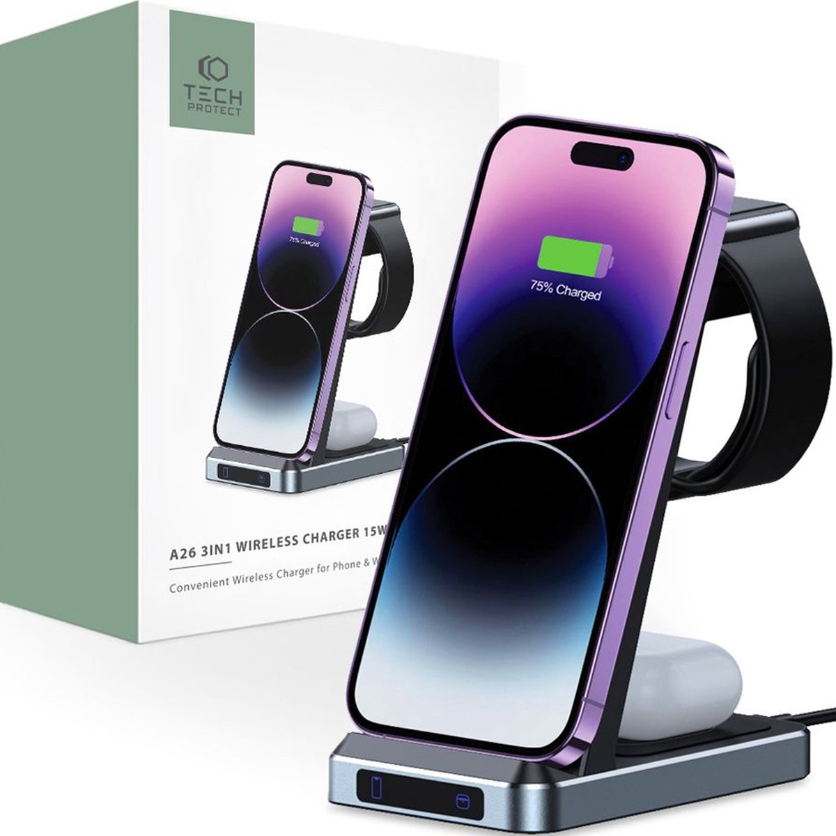 Tech-Protect QI15W-A26 Inductive Charger 15W 3in1 for Smartphone / Headphones / Apple Watch - Black