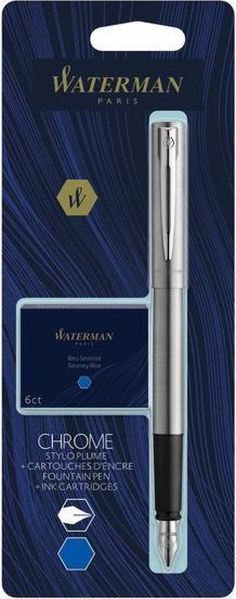 Waterman Allure Stainless Steel Fountain pen F Blue ink + ink refills 6-Pack