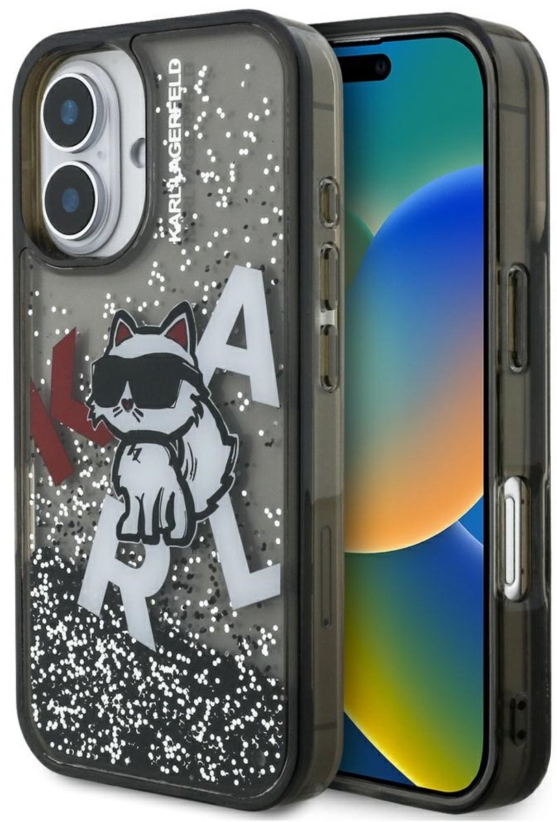 Karl Lagerfeld Liquid Glitter Choupette Logo iPhone 16 Case - Black