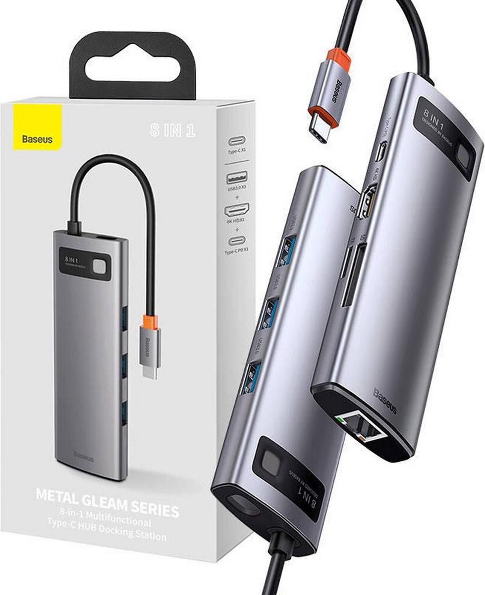 Baseus Hub 8in1 Metal Gleam Series USB-C to 3x USB 3.0 + HDMI + USB-C PD + Ethernet RJ45 + microSD/SD USB Hub - USB 3.0 - 7 porte - Grey