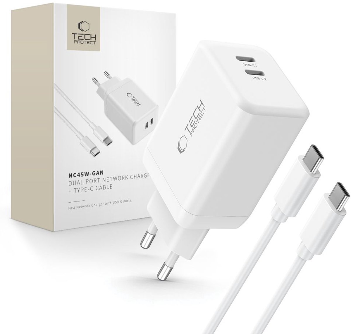 Tech-Protect NC45W-GAN 2-PORT PD45W + TYPE-C CABLE - White