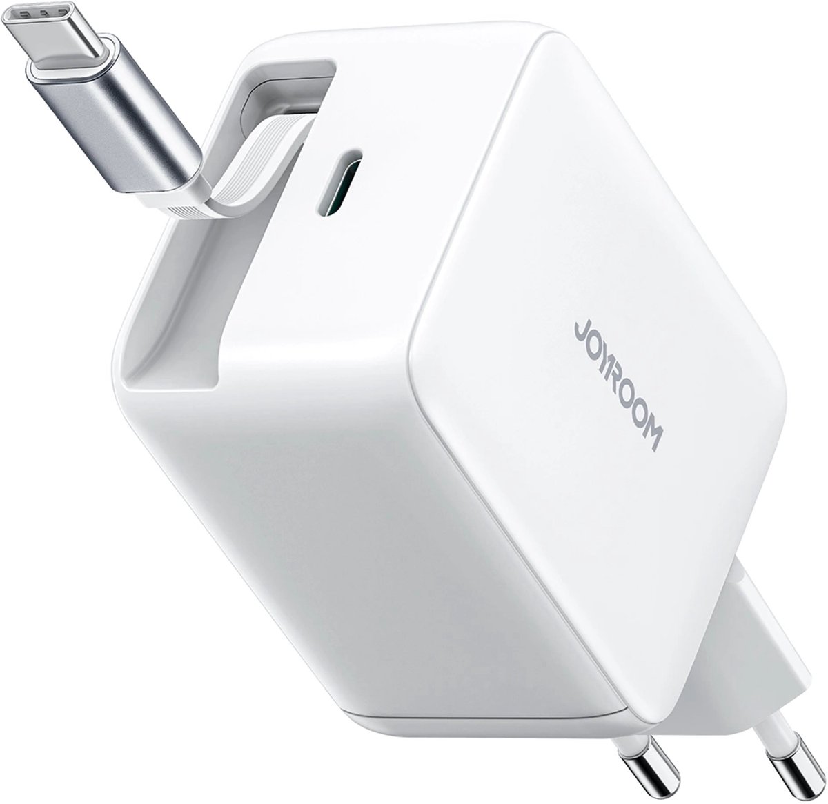 Joyroom JR-TCL06 67W GaN Wall Charger with Built-in Retractable USB-C Cable - White