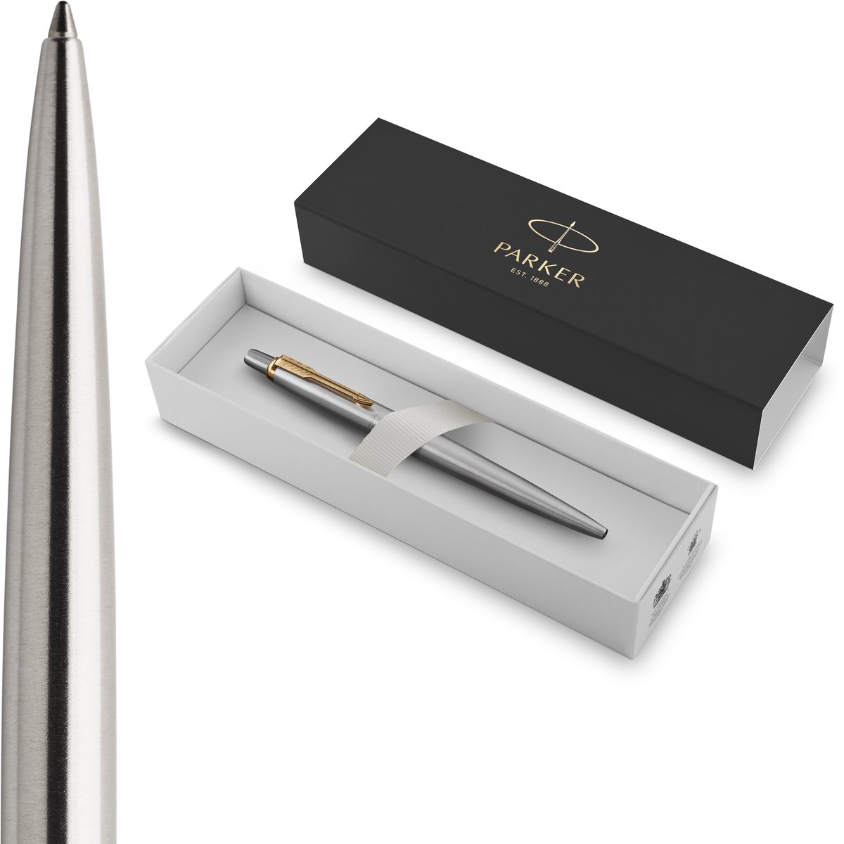 Parker Jotter kulspetspenna | Rostfritt stål med gulddetaljer | Blått bläck med medelhög spets
