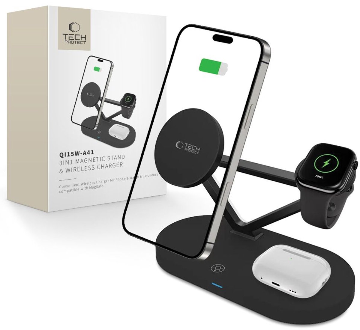 Tech-Protect QI15W-A41 3in1 Wireless Charger with MagSafe for Apple Devices - Black