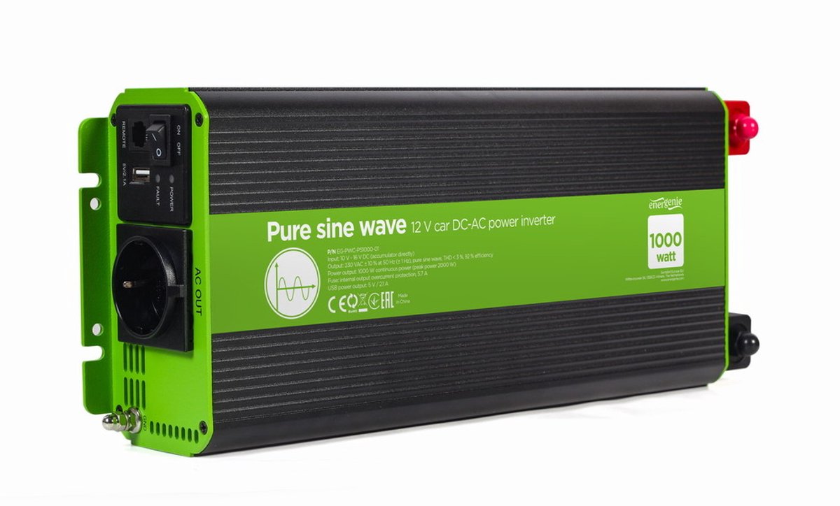 EnerGenie EG-PWC-PS1000-01 adaptador e inversor de corriente Auto 1000 W Negro, Verde