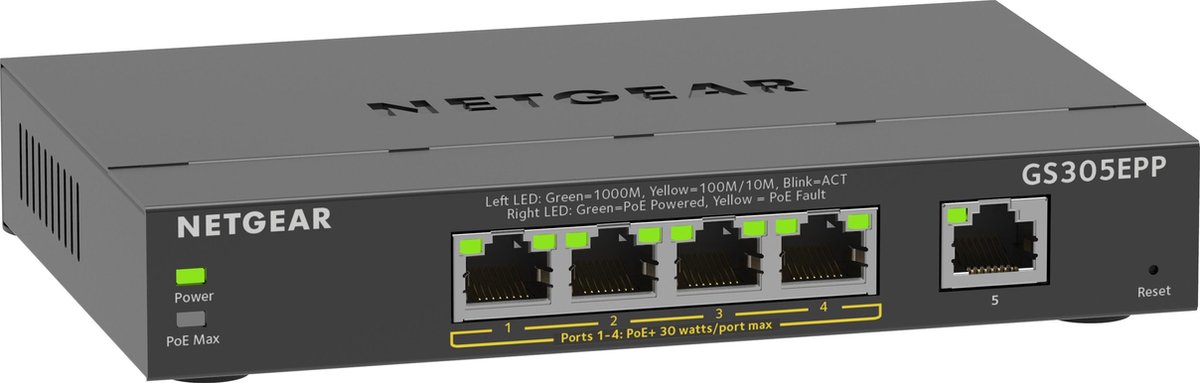 NETGEAR 5-Port Gigabit Ethernet High-Power PoE+ Plus Switch (GS305EPP) Managed L2/L3 Gigabit Ethernet (10/100/1000) Power over Ethernet (PoE) Schwarz