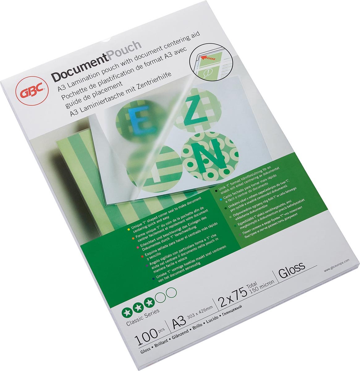 GBC Document Laminierfolien A3 Glänzend 75 Mikron (2 x 75) Transparent 100 Stück