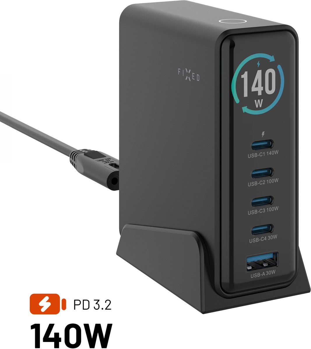 FIXED Super Fast GaN 140W Desktop Charger - 4xUSB-C & 1xUSB-A - Black