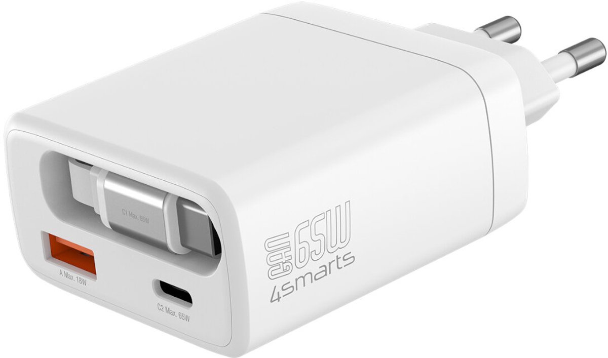 4Smarts PDPlug Jojo 65W väggladdare PD GaN med utdragbar USB-C-kabel – vit