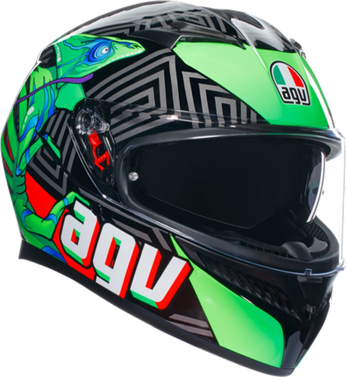 AGV K3 Graphic Motorcycle Helmet - Kamaleon Black / Red / Green - Large (60cm), Black/green/red