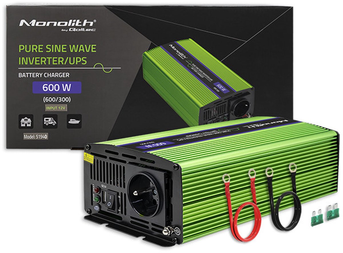 Qoltec Monolith 600 W, Verde - Adaptador e Inversor de Corriente