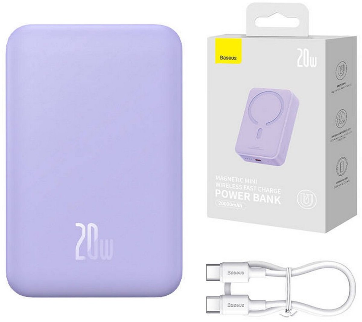 Batteria Esterna Wireless Baseus Magnetic Mini, 20000mAh, 20W, PD + FQI, 1 x QI - 1 x USB-C, Viola PPCX150005