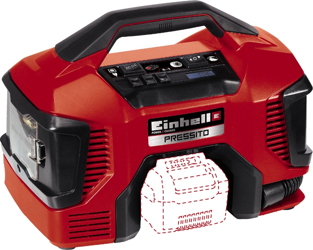 Einhell Pressito akku hybridkompressor 6i1 med 8 dele 18V u/batteri og lader
