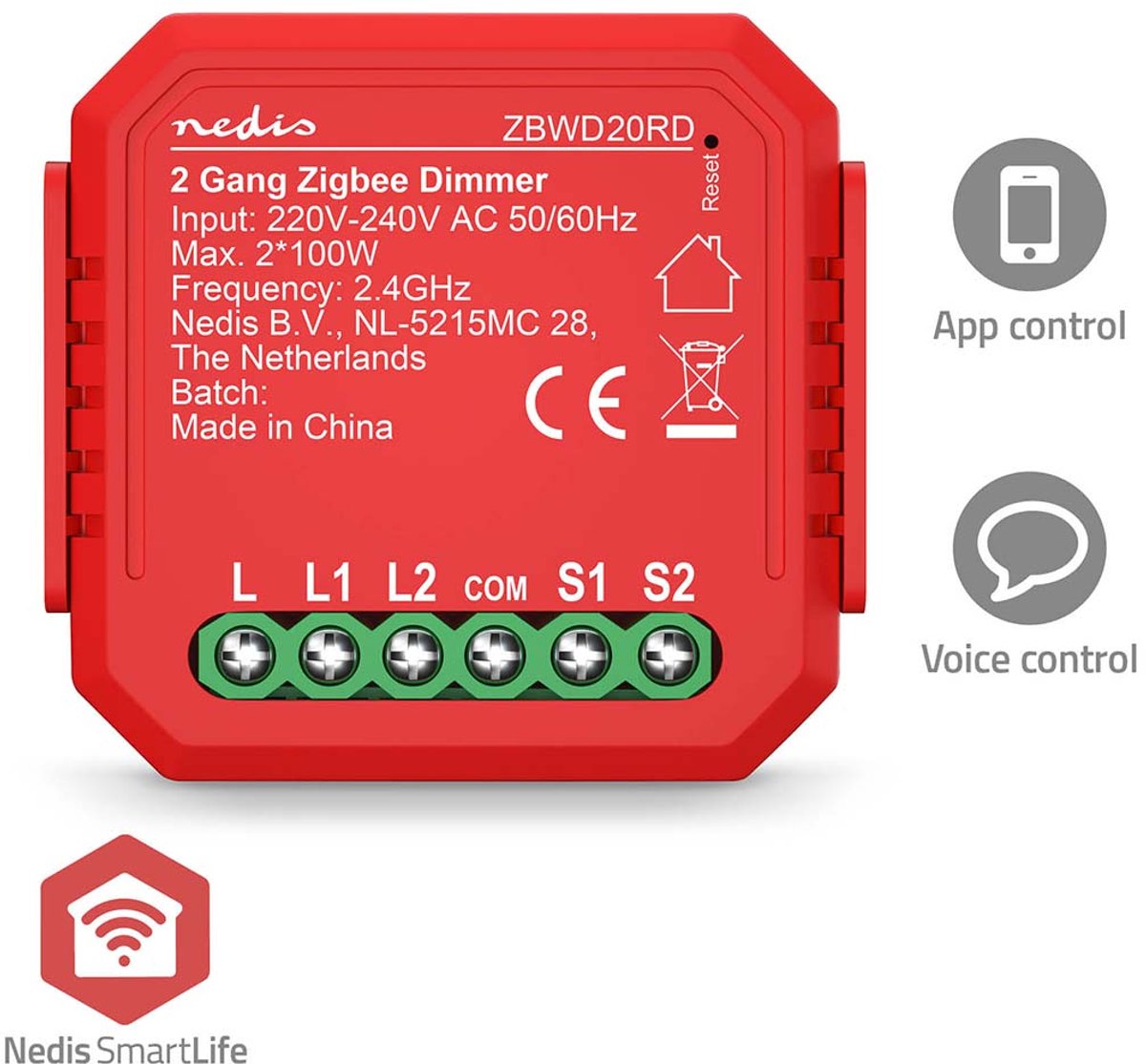 Nedis SmartLife Switch Zigbee 3.0 2x100 W Terminal connection Red