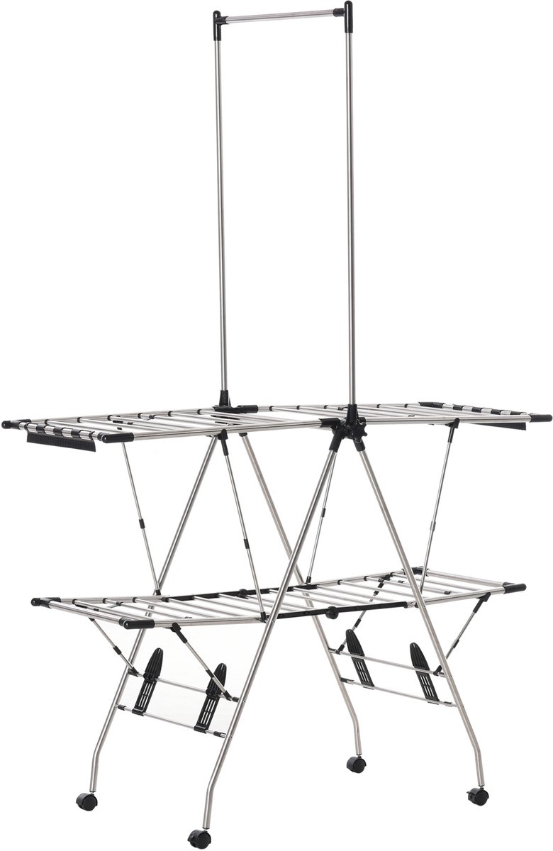 HOMCOM Varal de roupa secador dobrável com rodas grande espaço de secagem aço inoxidável 138,5 x 63 x 208 cm prata preto   Aosom Portugal