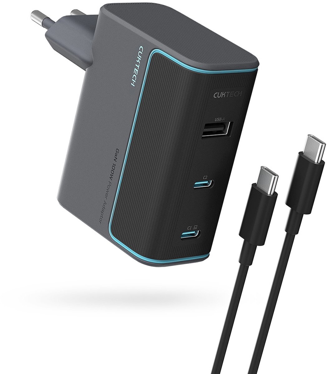 CUKTECH CUKAD1003EUG GaN 100W Wall Charger 2 x USB-C 1 x USB-A with USB-C Cable - Grey