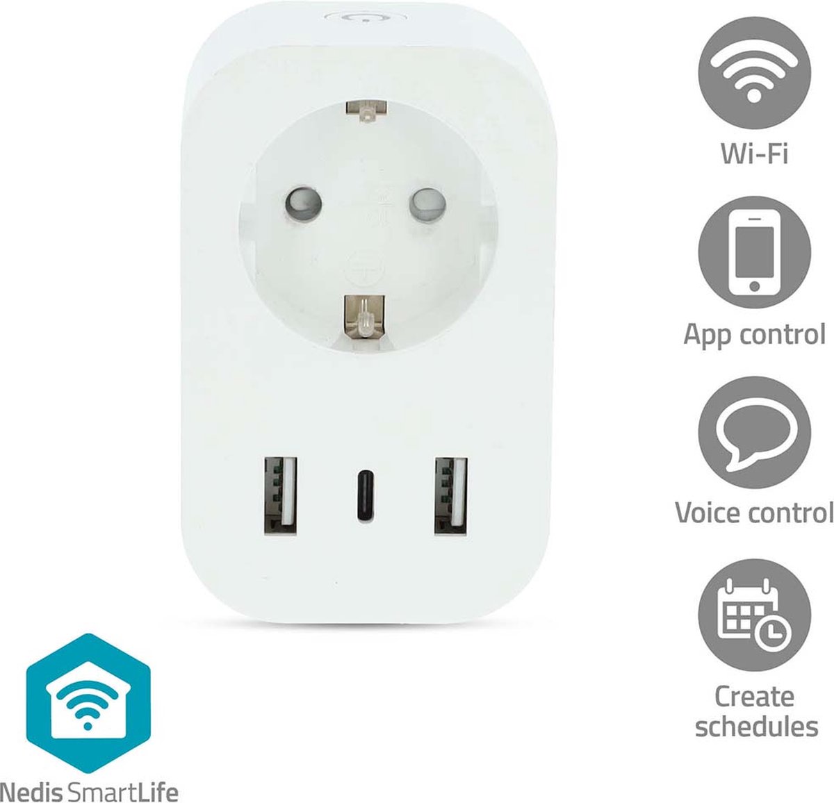 Nedis SmartLife Smart Plug Wi-Fi Power meter 3680 W Type F (CEE 7/7) / 1x USB-C / 2x USB White