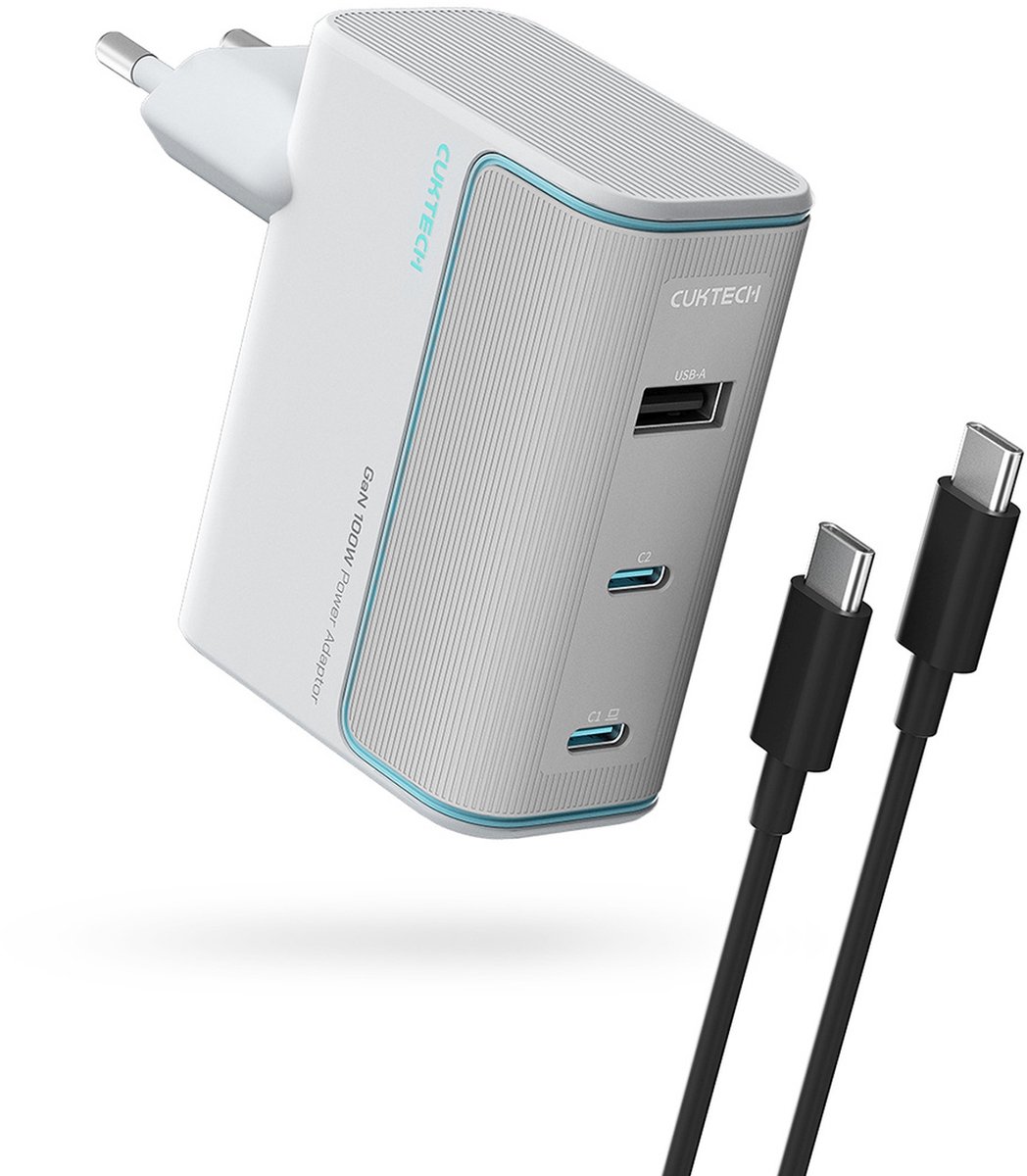 CUKTECH AD1003EU 100W GaN 2x USB-C + USB-A Wall Charger with Cable - White