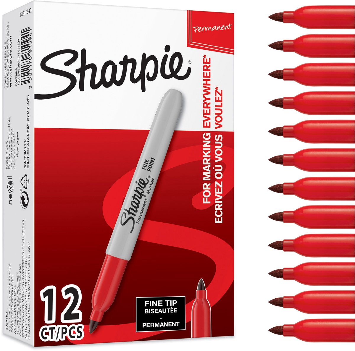 Sharpie FINE POINT Permanentmarker Fein Rundspitze - 1,5 mm Rot 12 Stück
