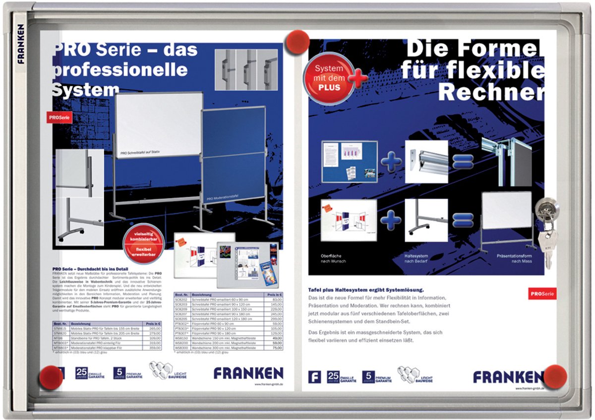 FRANKEN Wandmontierbar Magnetisch Abschließbar Schaukasten für den Innenbereich FSA1 Aluminiumrahmen Flügeltür 1 x DIN A4 Weiß 280 x 370 mm