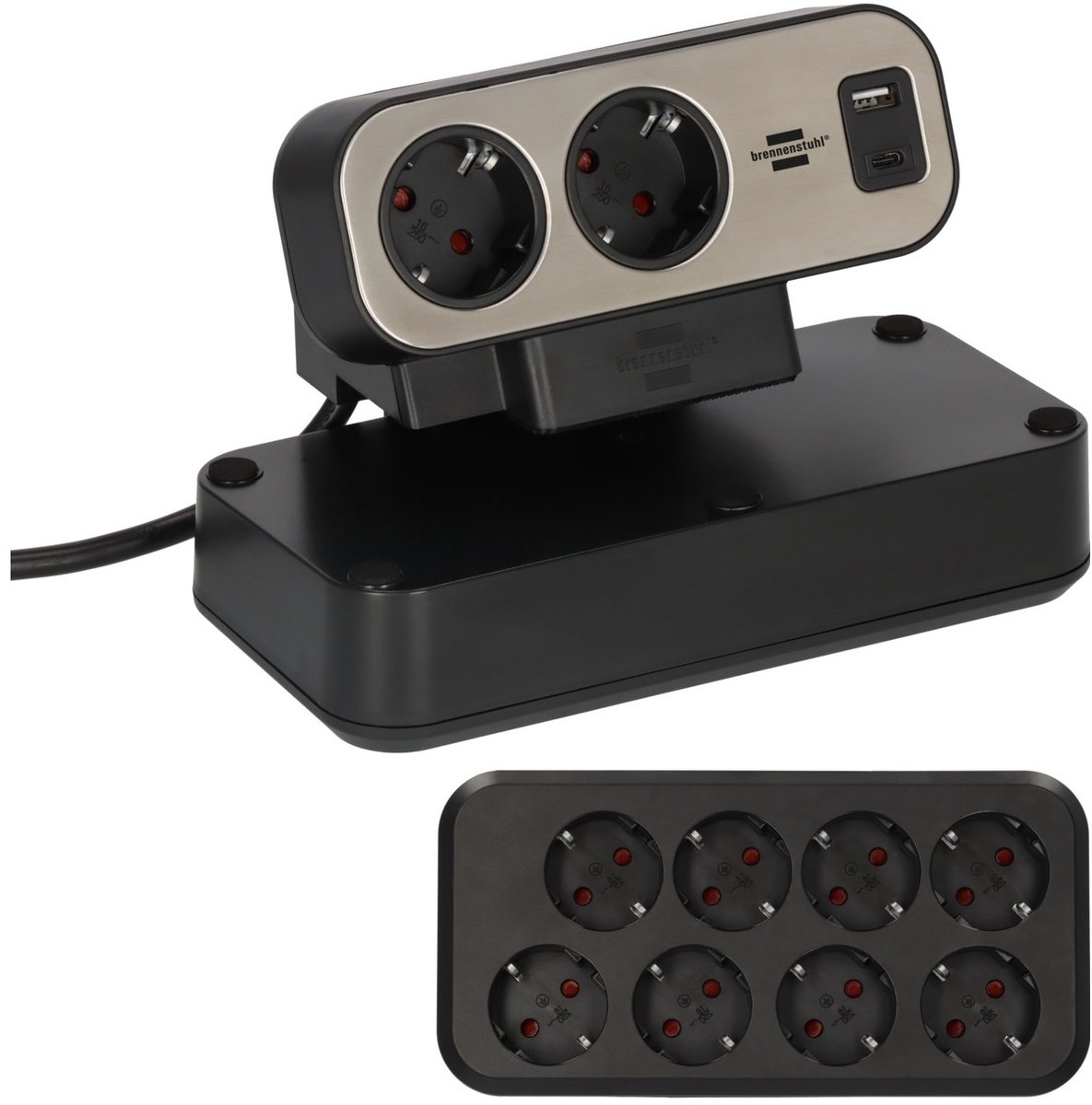 brennenstuhl Estilo Duplex Tisch-Steckdosenleiste 10-fach mit USB-C Power Delivery für Schnellladen, 1x USB-C, 1x USB-A, 2 m Schwarz 1153580200