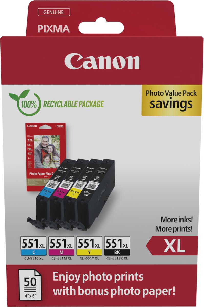 Canon CLI-551XL Tintenpatrone 6443B008 Schwarz, Cyan, Magenta, Gelb Multipack 4 Stück
