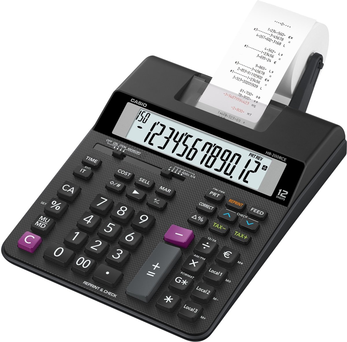 Casio Druckender Tischrechner mit Rolle HR-200RCE 12-stelliges Display Schwarz