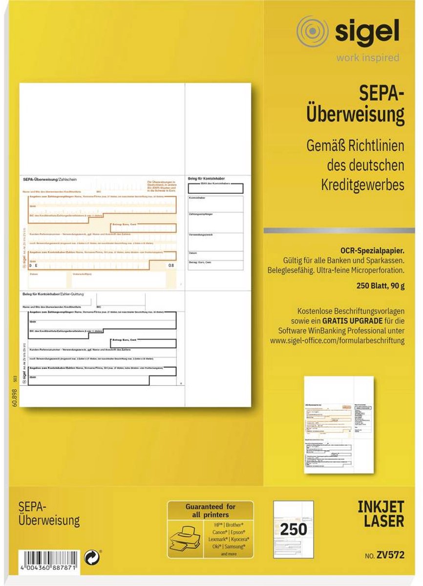 Sigel PC-SEPA-Überweisung/ZV572, beleglesefähig, MP, 90 g/m², A4, Inhalt 250 Formulare