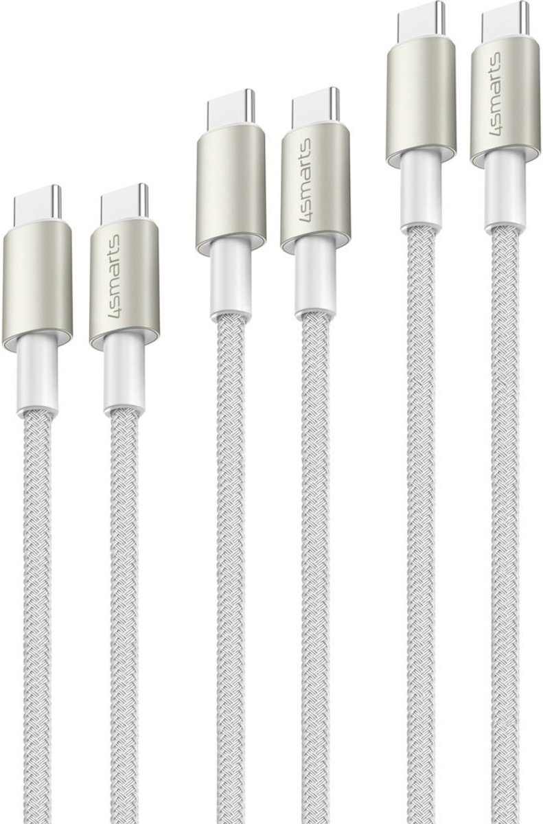 4Smarts USB-C till USB-C Kabel PremiumCord 60W, 0,5m/1,5m/3m – Vit/Silver – 3-pack