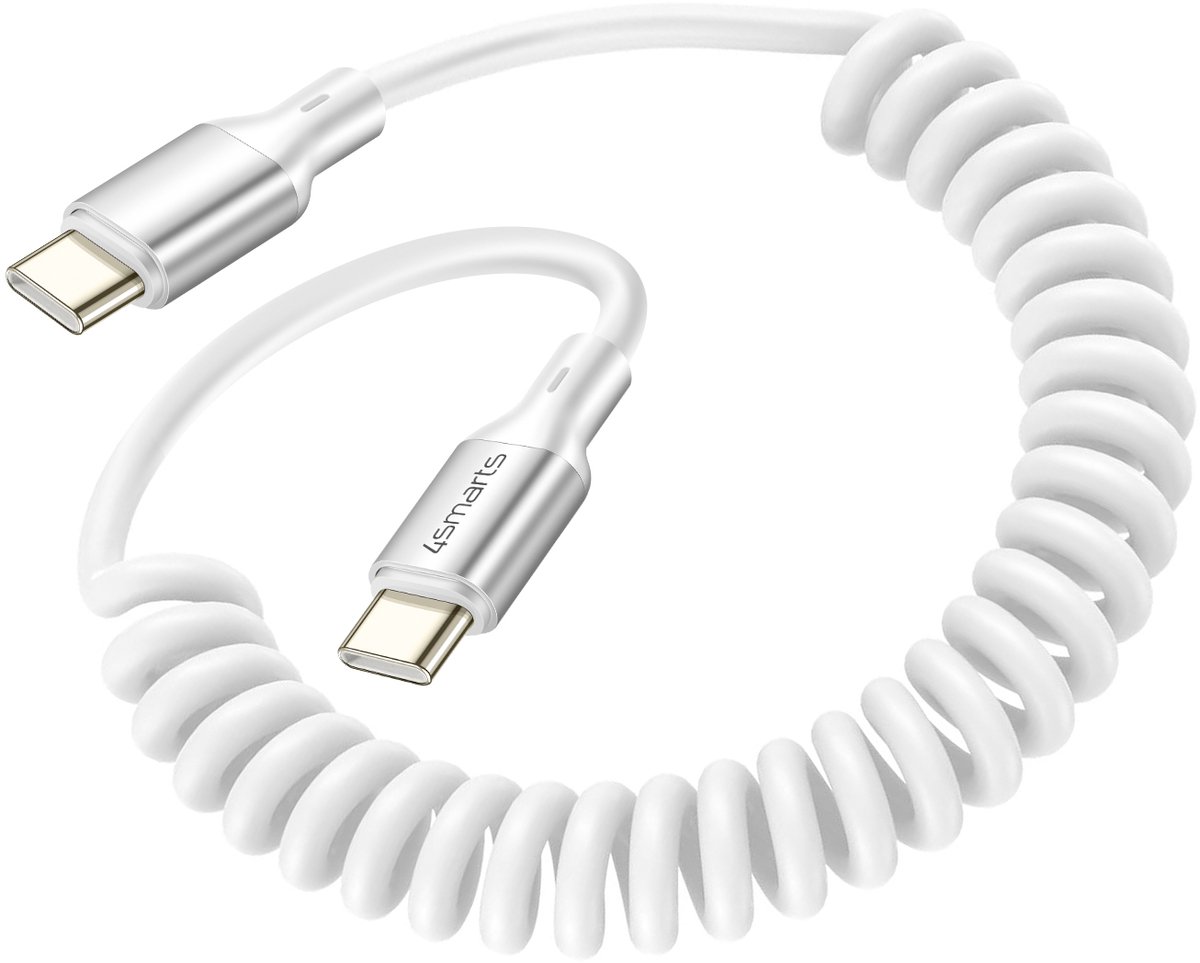4Smarts USB-C Kabel Utdragbar Spiral 100W, 1.35m – vit