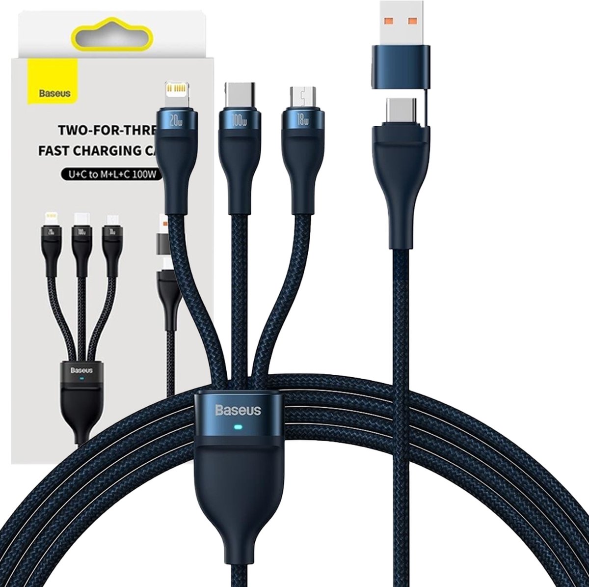 Baseus Flash II 3-i-1 Kabel USB-A/C till USB-C/Lightning/Micro USB – 100W – Blå