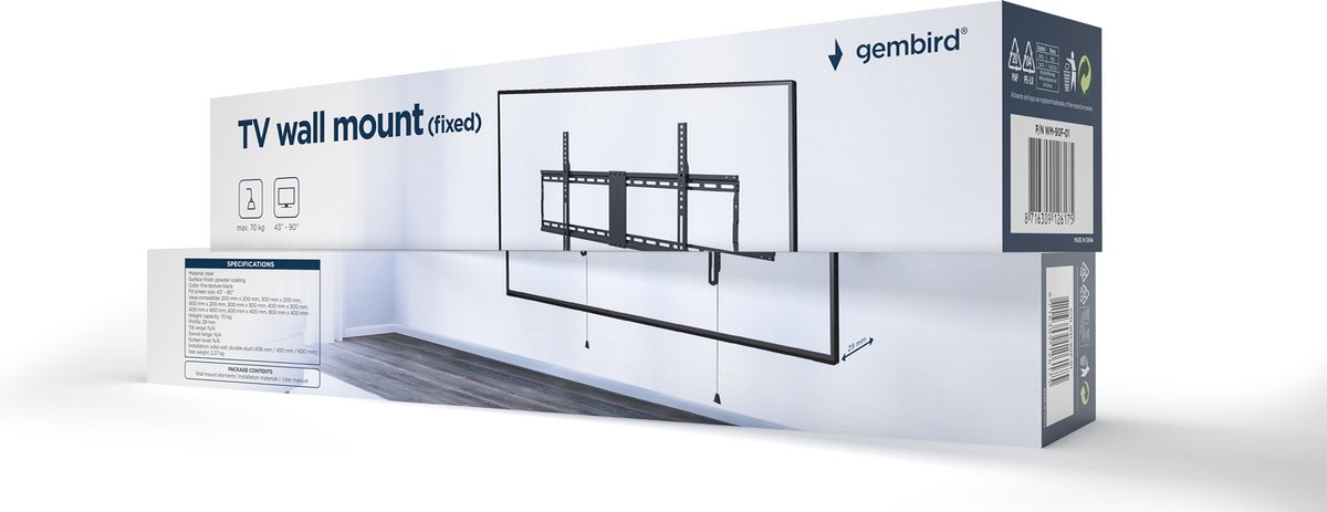 Gembird WM-90F-01 - mounting kit - fixed - for flat panel - 70kg - fine texture black - Max 70 kg - recommended for 90 "