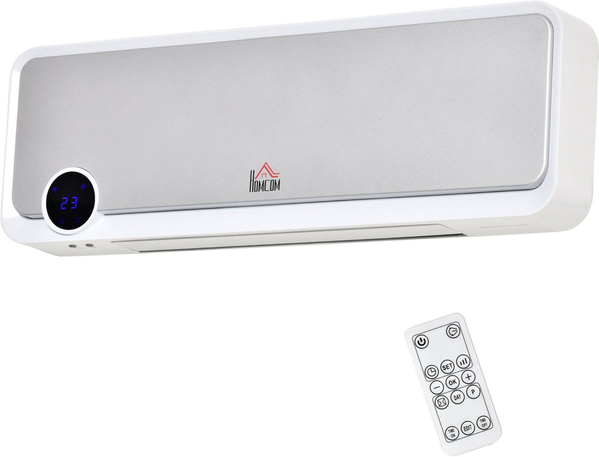 HOMCOM Radiateur mural soufflant oscillant 2000 W - chauffage céramique PTC - 3 niveaux de puissance - télécommande incluse blanc argenté
