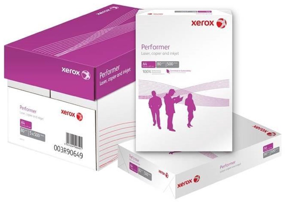 Xerox Performer 80 A4 White Paper. Recommended usage: Universal Paper size: A4 (210x297 mm) Sheets per pack: 500 sheets. Printing material whiteness: 140 CIE