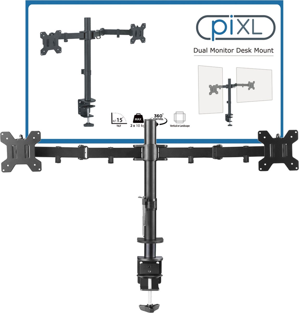 piXL DOUBLE ARM monitor mount / stand 68.6 cm (27") Desk Black