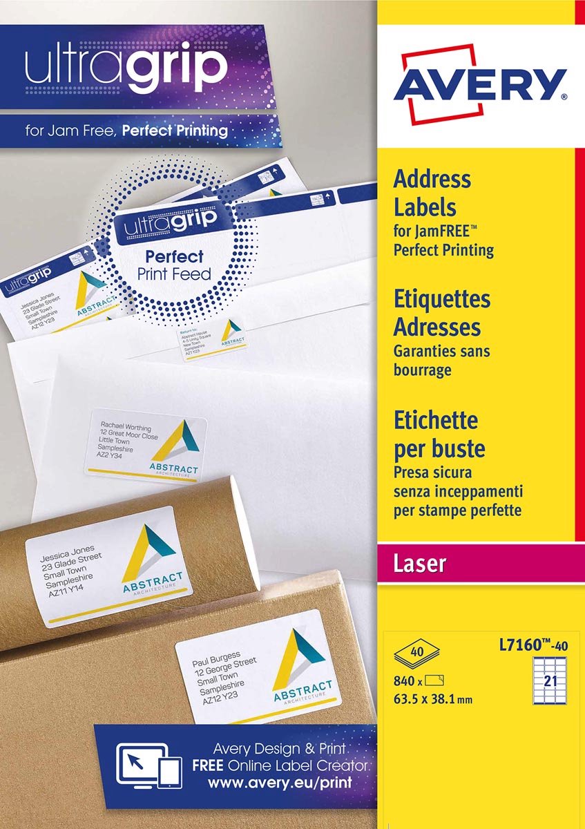 Avery L7160-40. Product colour: White Print technology: Laser Label size: 63.5 x 38.1mm. Media sheets per package: 40 sheets. Labels per pack: 840 pc(s)