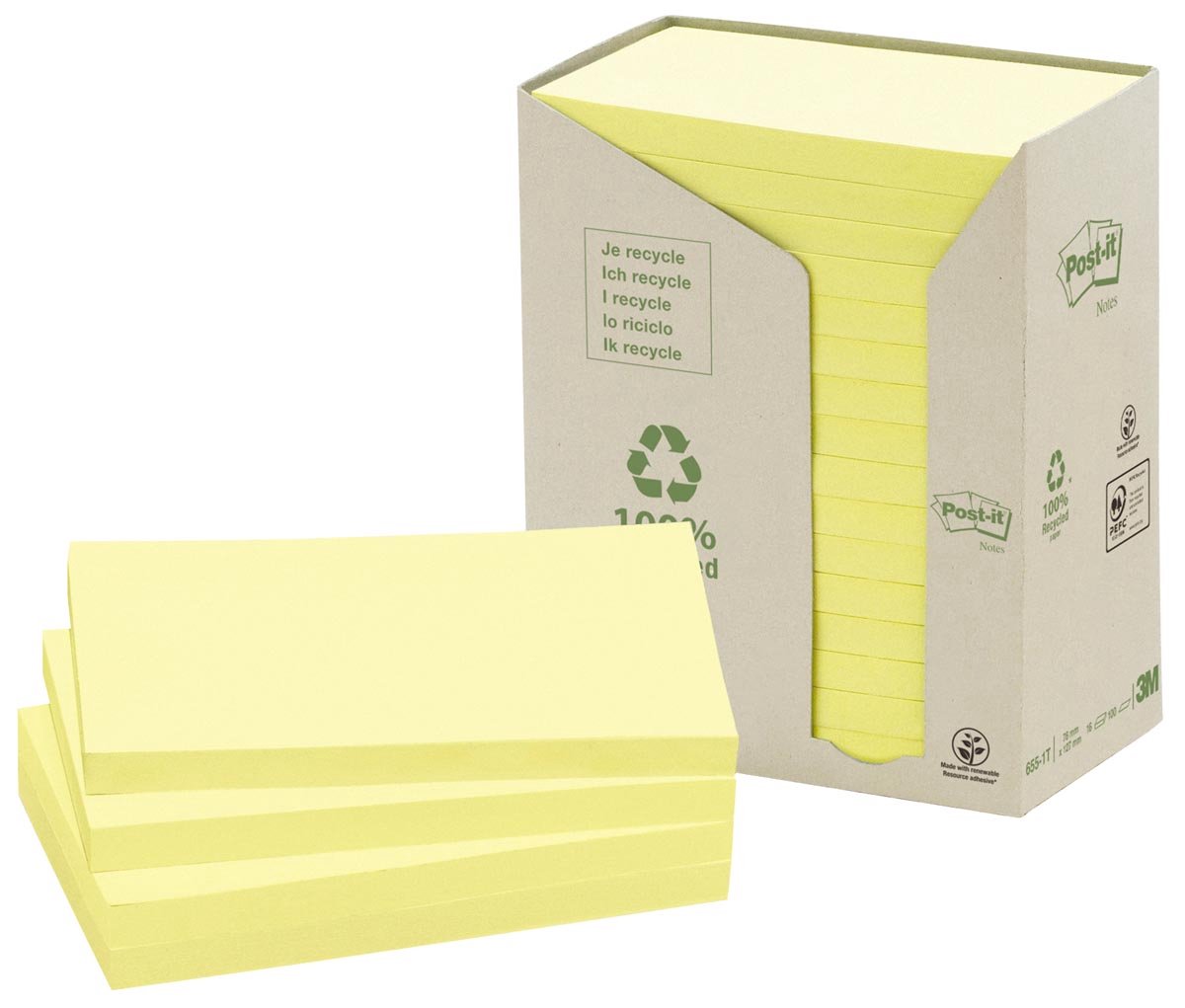 Post-it Recycelte Haftnotizen 127 x 76 mm Kanariengelb 16 Blöcke à 100 Blatt