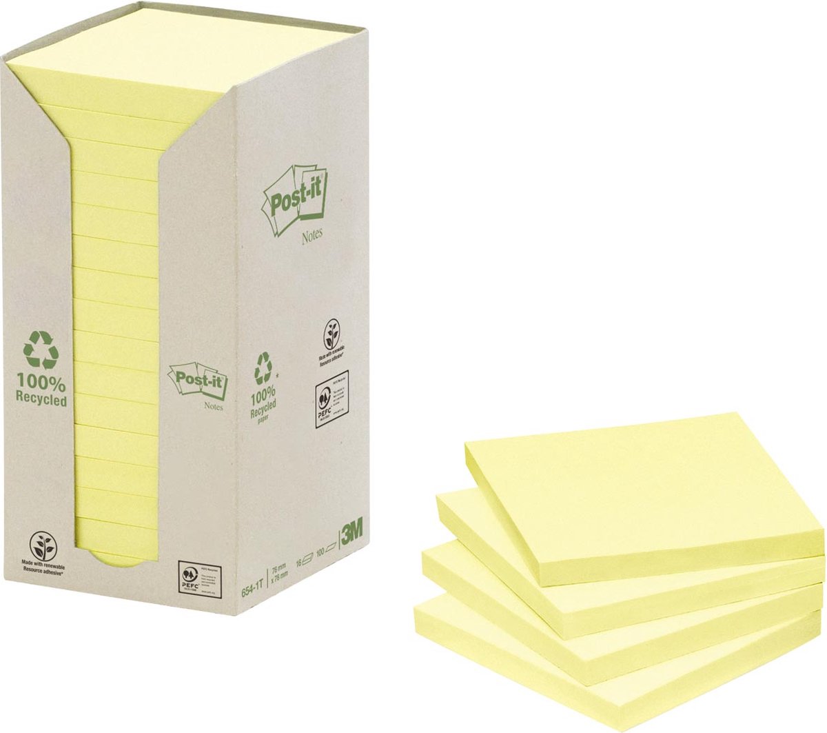 Post-it Recycelte Haftnotizen 76 x 76 mm Kanariengelb 16 Blöcke à 100 Blatt
